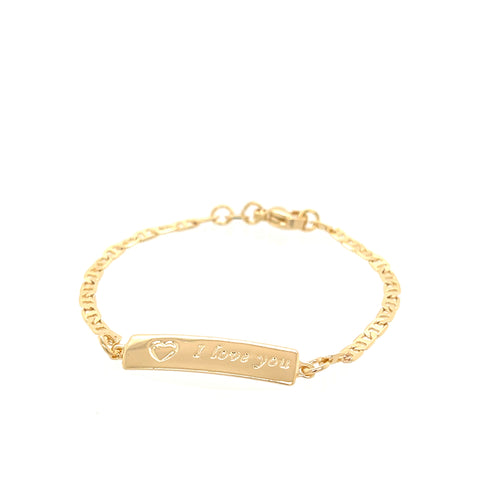 Introducing the "I LOVE YOU" plate Baby Bracelet: a remarkable piece crafted in 14k gold-filled material, showcasing a classic mariner link design. The bracelet features an "I Love You" plate adorned with a heart symbol, adding an intimate touch that makes it the perfect keepsake for your child.